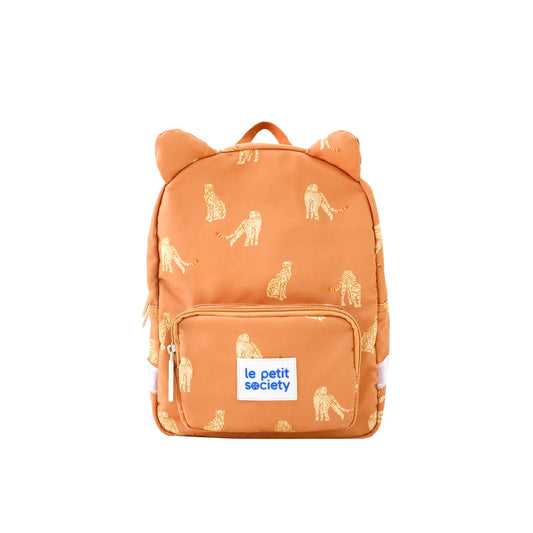 An orange preschool bag with a leopard print and a pair of ears.