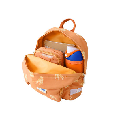 A water bottle, pencil case and notebook stored in an orange preschool bag.