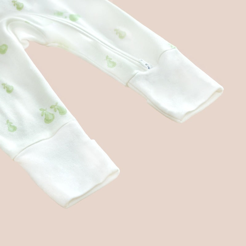A close-up of the footies of a baby bamboo sleepsuit from Le Petit Society.