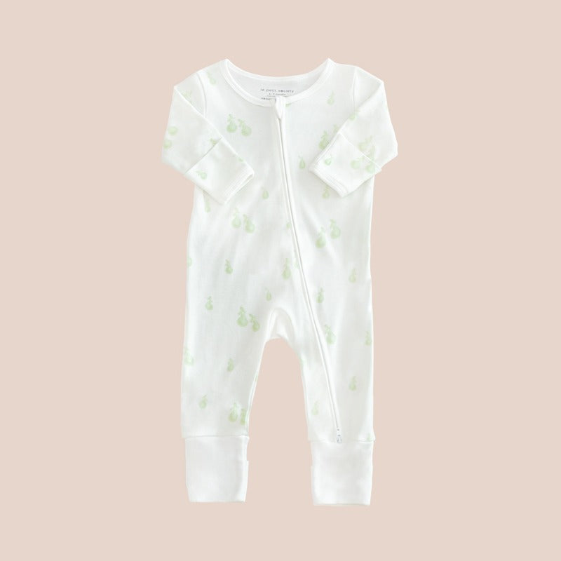 A baby bamboo sleepsuit from Le Petit Society, featuring a print of pears in soft green.