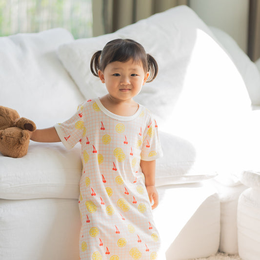 Loungewear - Girls Dress in Lemon & Cherry Print by Le Petit Society