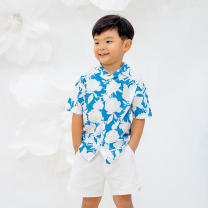 Garden Series - Boys Camp Collar Shirt in Blue Floral by Le Petit Society — image 8
