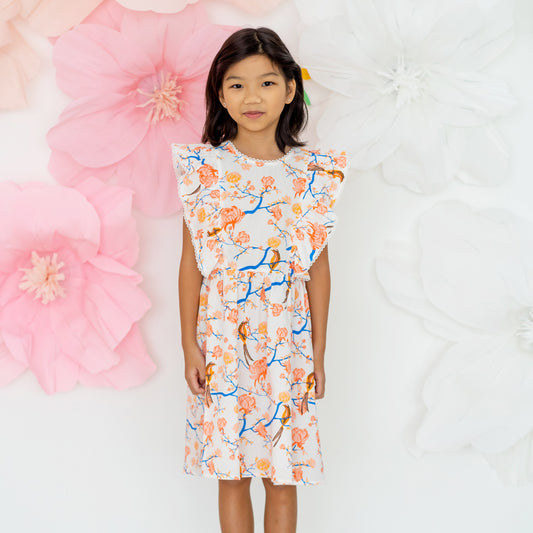Garden Series - Girls Ruffled Dress in White Peony by Le Petit Society