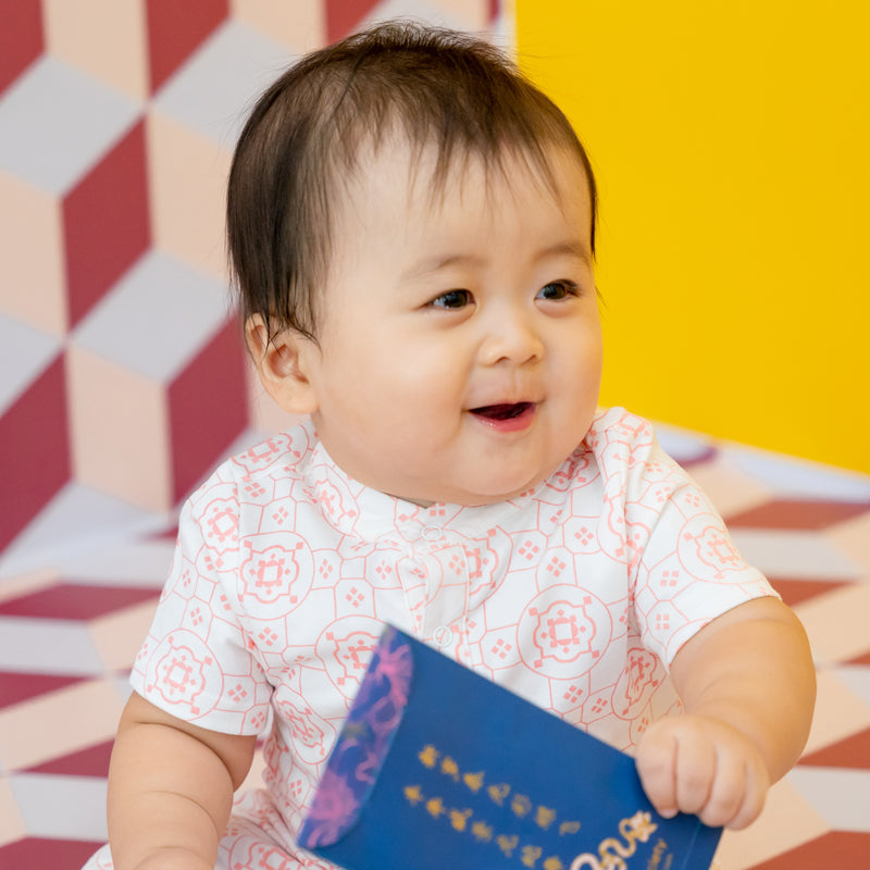 Chinese Motif Series - Baby Boy Jersey Romper in Pink Motif by Le Petit Society — image 2