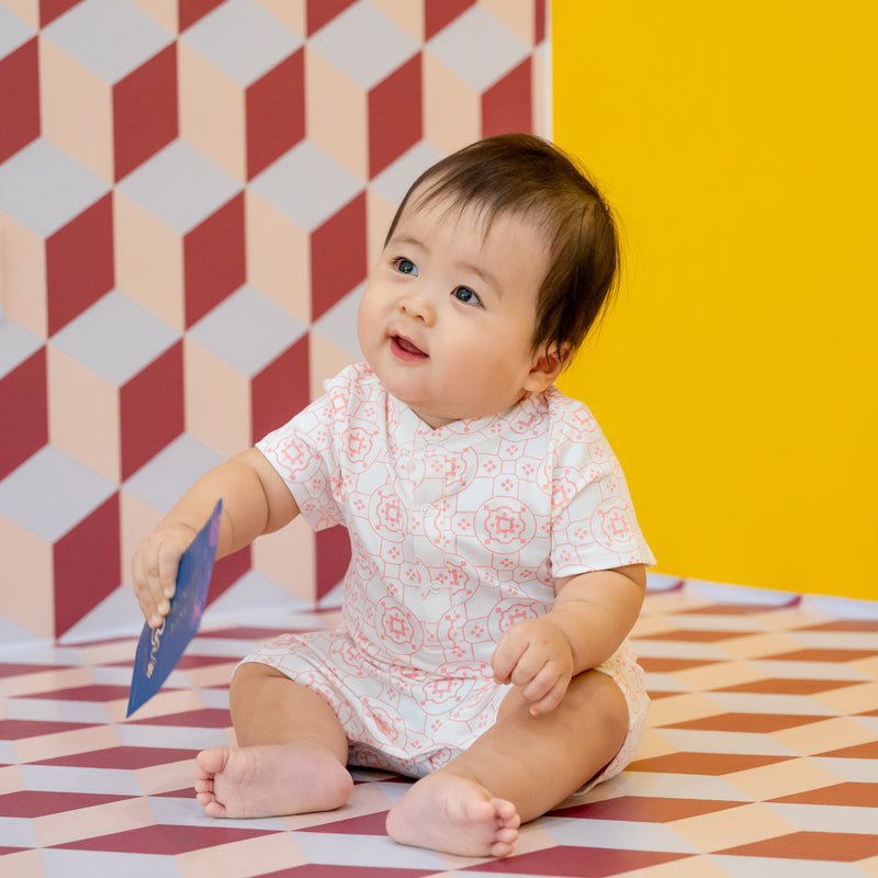 Chinese Motif Series - Baby Boy Jersey Romper in Pink Motif by Le Petit Society