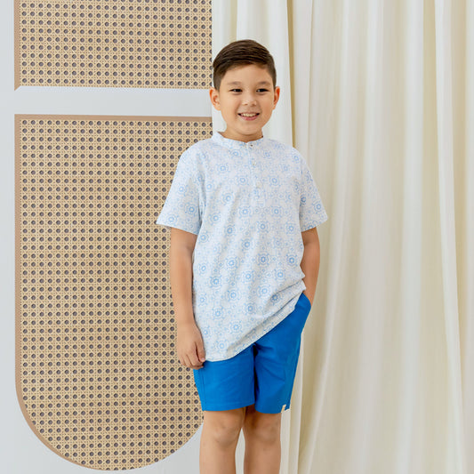 Chinese Motif Series - Boys Jersey Shirt in Blue Motif by Le Petit Society