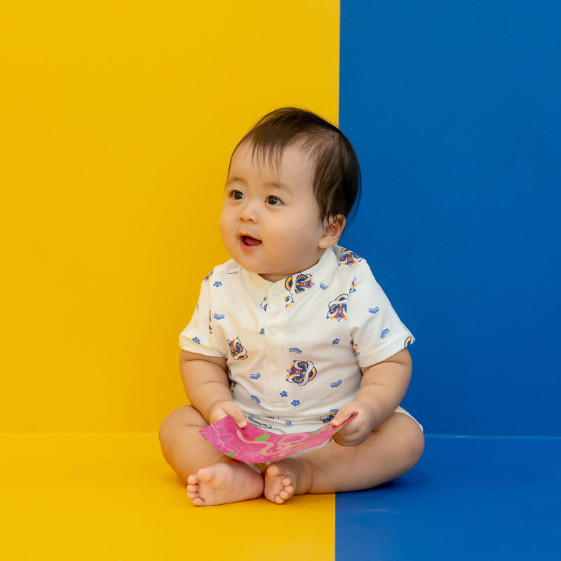 Lion Dance Series - Baby Boy Jersey Romper in White by Le Petit Society — image 6