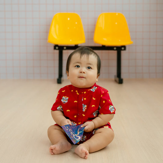Lion Dance Series - Baby Boy Shirt Romper in Red by Le Petit Society