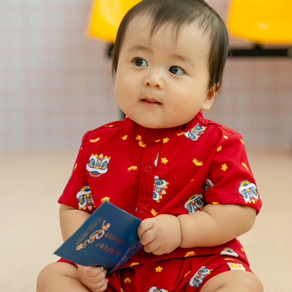 Lion Dance Series - Baby Boy Shirt Romper in Red by Le Petit Society — image 2