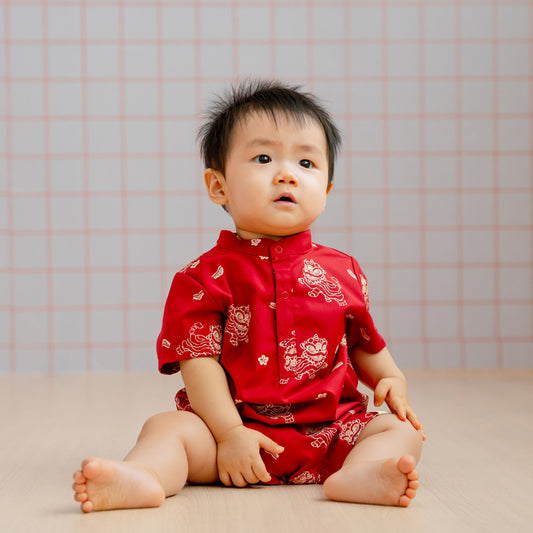 Lion Dance Series - Baby Boy Shirt Romper in Red Lion Print by Le Petit Society