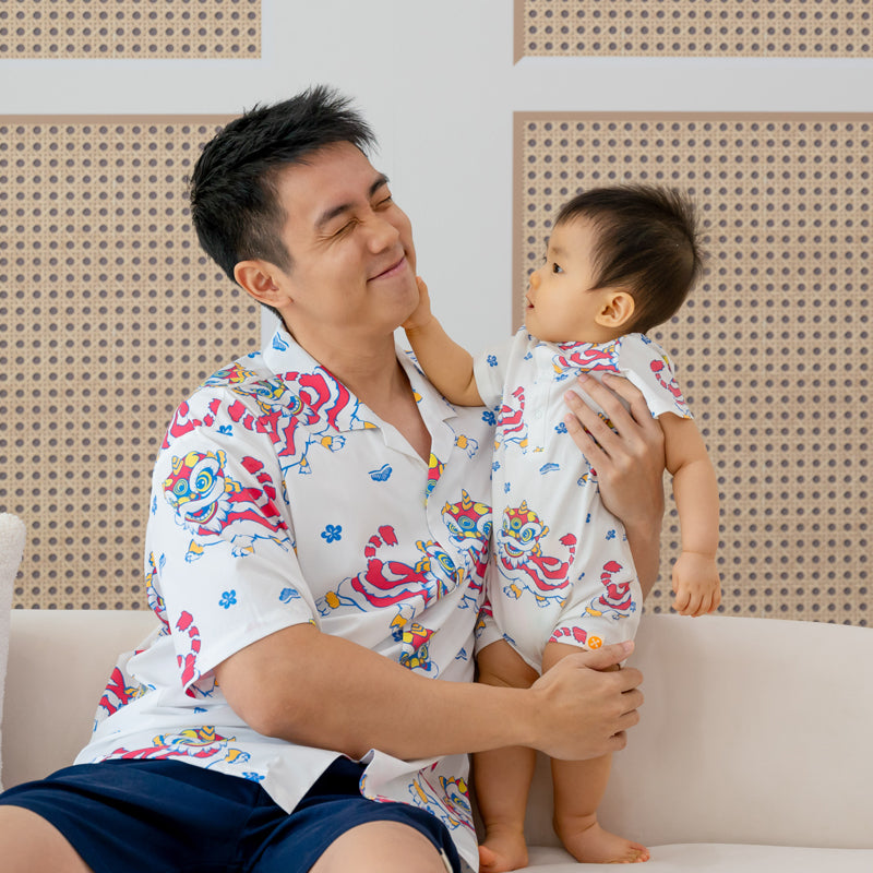 Lion Dance Series - Baby Boy Shirt Romper in White Lion Print by Le Petit Society — image 3