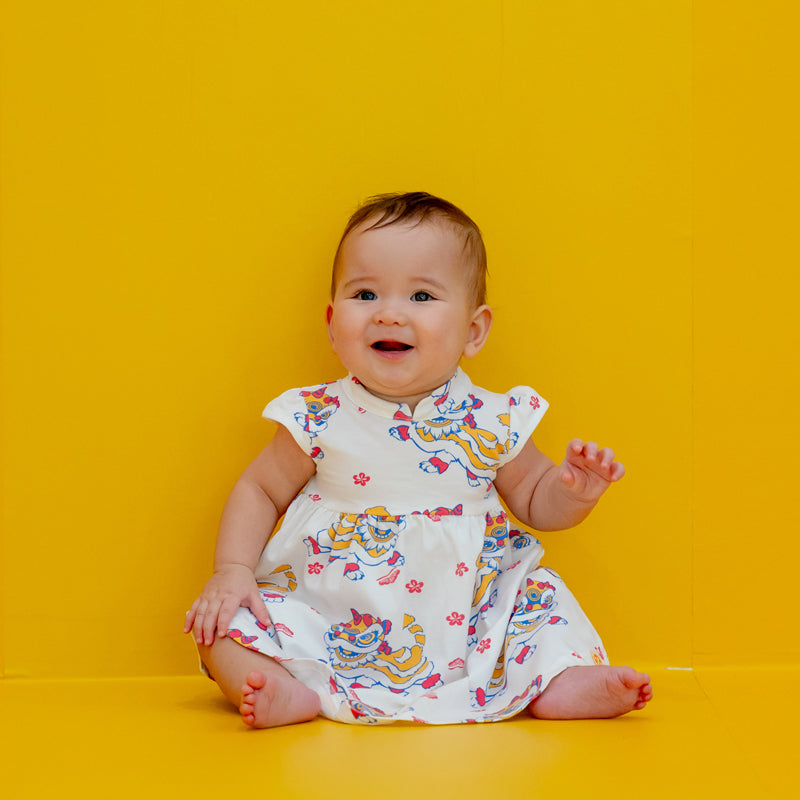 Lion Dance Series - Baby Girl Cheongsam in White Lion Print by Le Petit Society — image 7
