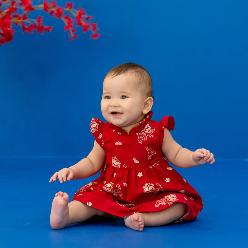 Lion Dance Series - Baby Girl Cheongsam in Red Lion Print by Le Petit Society — image 5