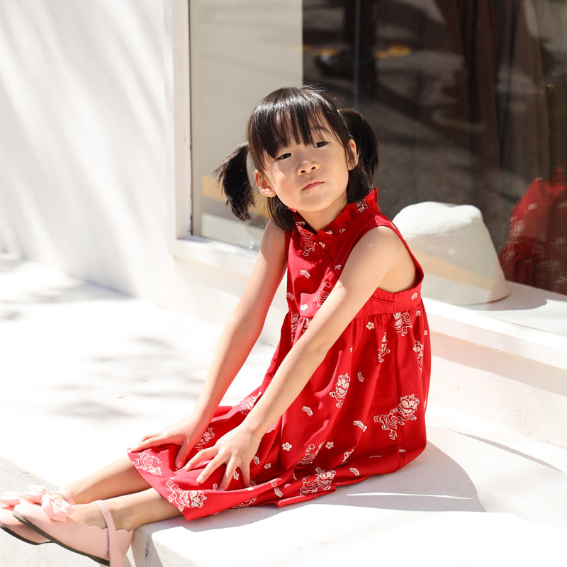 Lion Dance Series - Girls Cheongsam in Red Lion Print by Le Petit Society — image 2