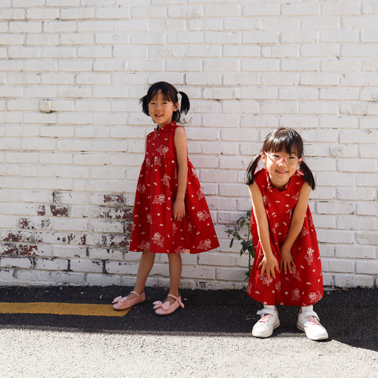 Lion Dance Series - Girls Cheongsam in Red Lion Print by Le Petit Society