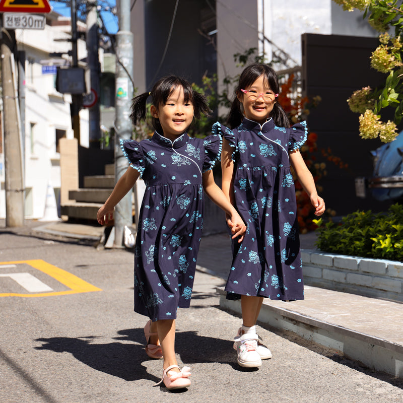 Lion Dance Series - Girls Cheongsam in Navy Lion Print by Le Petit Society — image 7