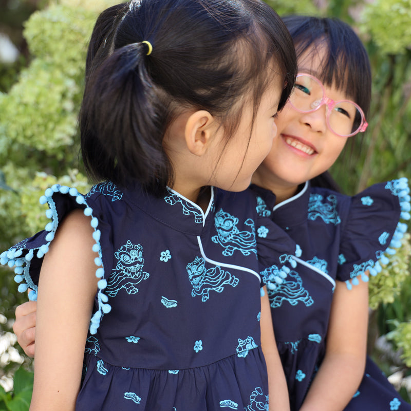 Lion Dance Series - Girls Cheongsam in Navy Lion Print by Le Petit Society — image 3
