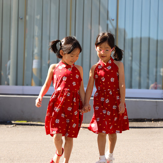 Lion Dance Series - Girls Halter Dress in Red by Le Petit Society