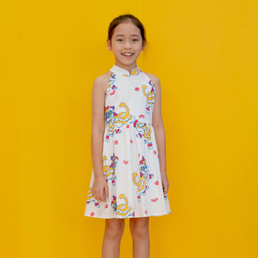 Lion Dance Series - Girls Halter Dress in White Lion Print by Le Petit Society
