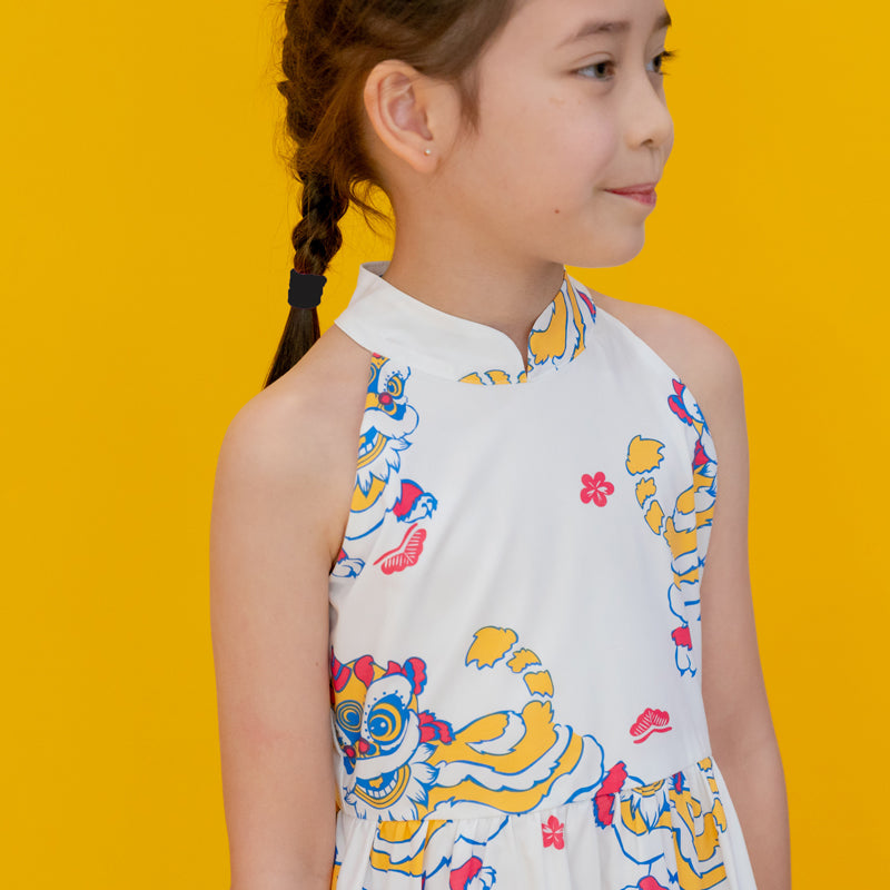 Lion Dance Series - Girls Halter Dress in White Lion Print by Le Petit Society — image 2