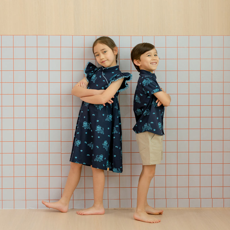 Lion Dance Series - Girls Cheongsam in Navy Lion Print by Le Petit Society — image 2
