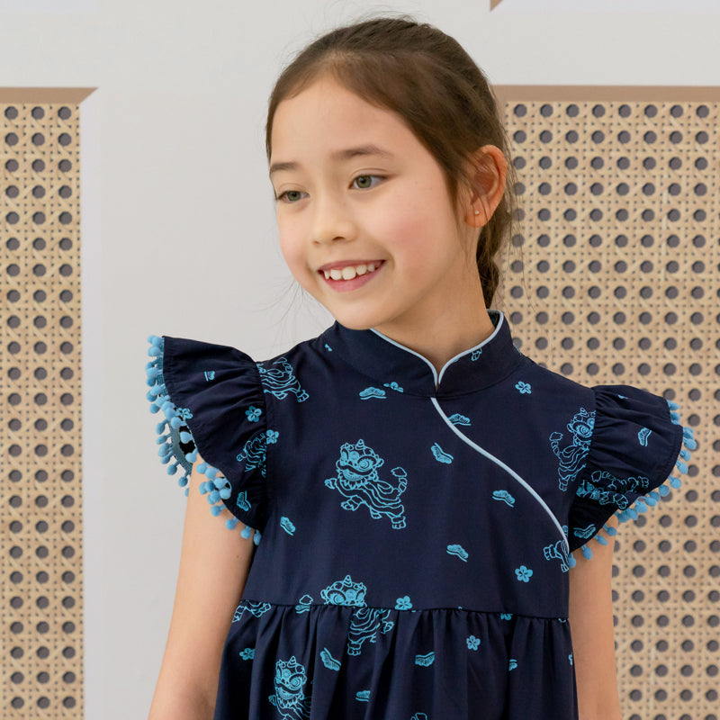 Lion Dance Series - Girls Cheongsam in Navy Lion Print by Le Petit Society — image 4