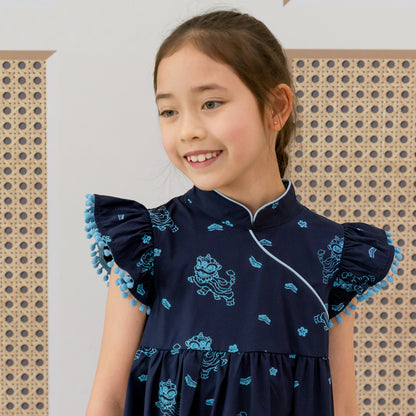 Lion Dance Series - Girls Cheongsam in Navy Lion Print by Le Petit Society — image 4