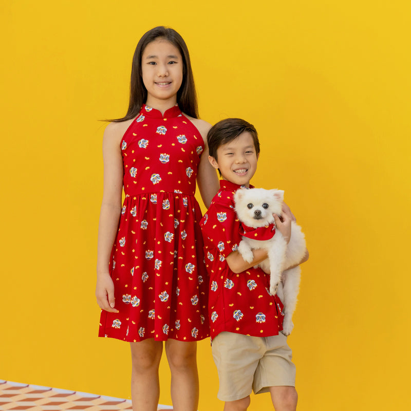 Lion Dance Series - Girls Halter Dress in Red by Le Petit Society — image 2