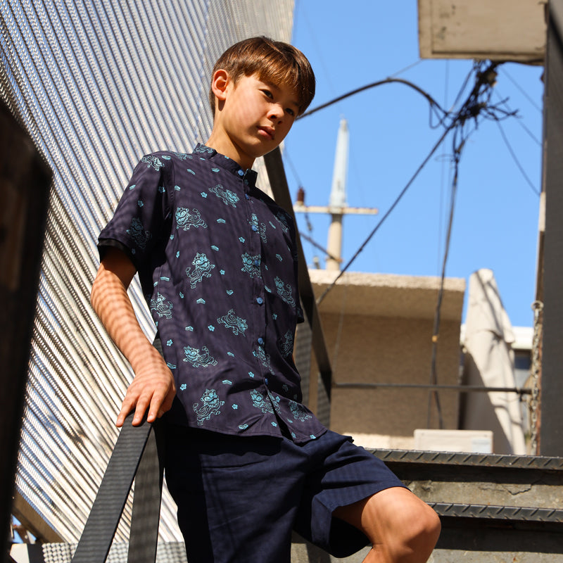 Lion Dance Series - Boys Shirt in Navy Lion Print by Le Petit Society — image 10