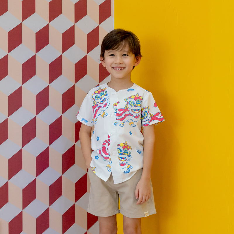 Lion Dance Series - Boys Shirt in White Lion Print by Le Petit Society — image 6
