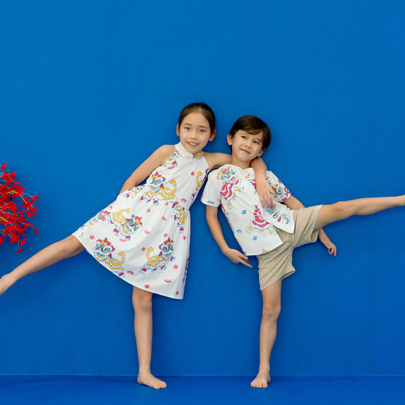 Lion Dance Series - Girls Halter Dress in White Lion Print by Le Petit Society — image 5