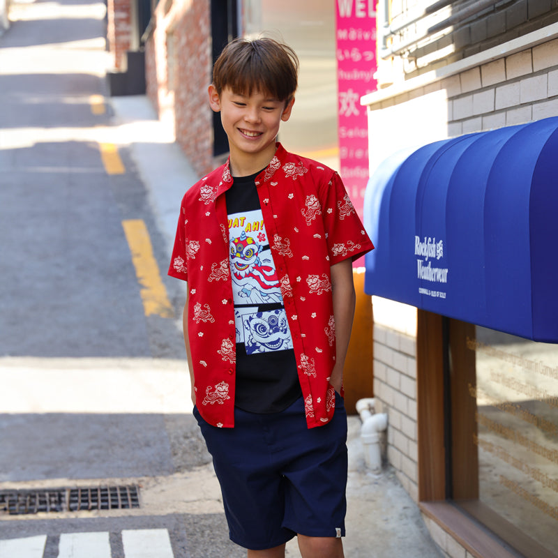 Lion Dance Series - Boys Shirt in Red Lion Print by Le Petit Society — image 2