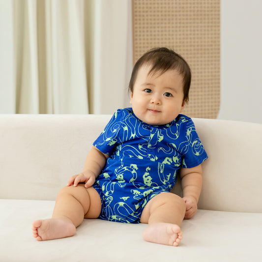 Zodiac Series - Baby Boy Jersey Romper in Blue Snake Print by Le Petit Society