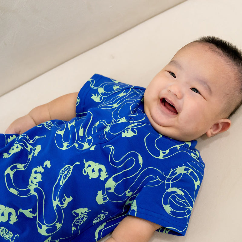 Zodiac Series - Baby Boy Jersey Romper in Blue Snake Print by Le Petit Society — image 2