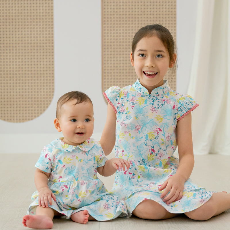 Zodiac Series - Girls Cheongsam in White Floral Snake Print by Le Petit Society — image 4