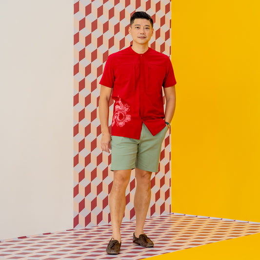 Zodiac Series - Men's Camp Collar Shirt in Red with Double Pockets (Relaxed Fit) by Le Petit Society