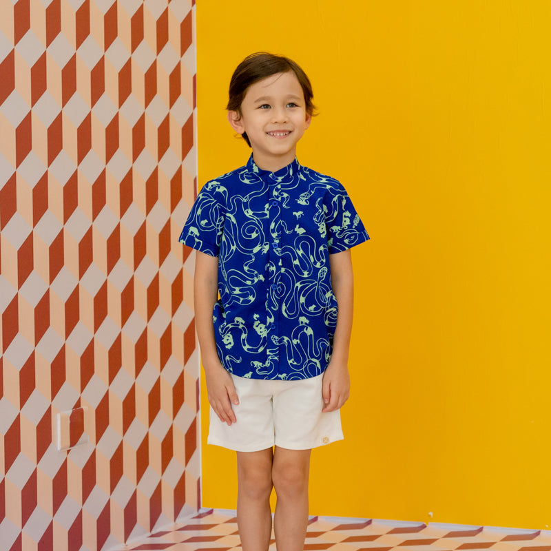 Zodiac Series - Boys Shirt in Blue Snake Print by Le Petit Society