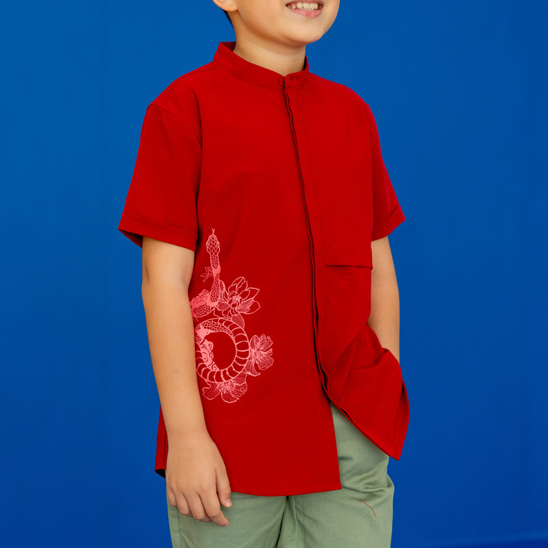 Zodiac Series - Boys Shirt in Red Snake Print by Le Petit Society — image 2