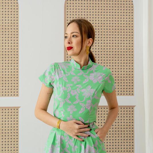 Heritage Series - Ladies Cheongsam Top in Green Orchid Print by Le Petit Society