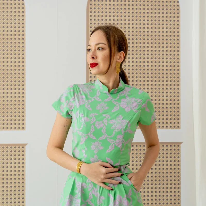 Heritage Series - Ladies Cheongsam Top in Green Orchid Print by Le Petit Society — image 6