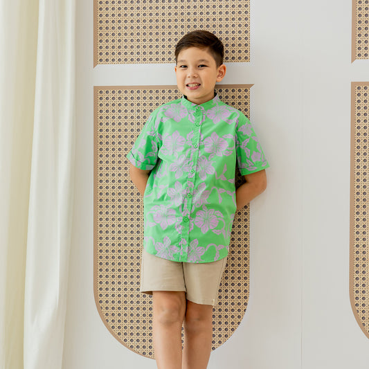 Heritage Series - Boys Shirt in Green Orchid Print by Le Petit Society