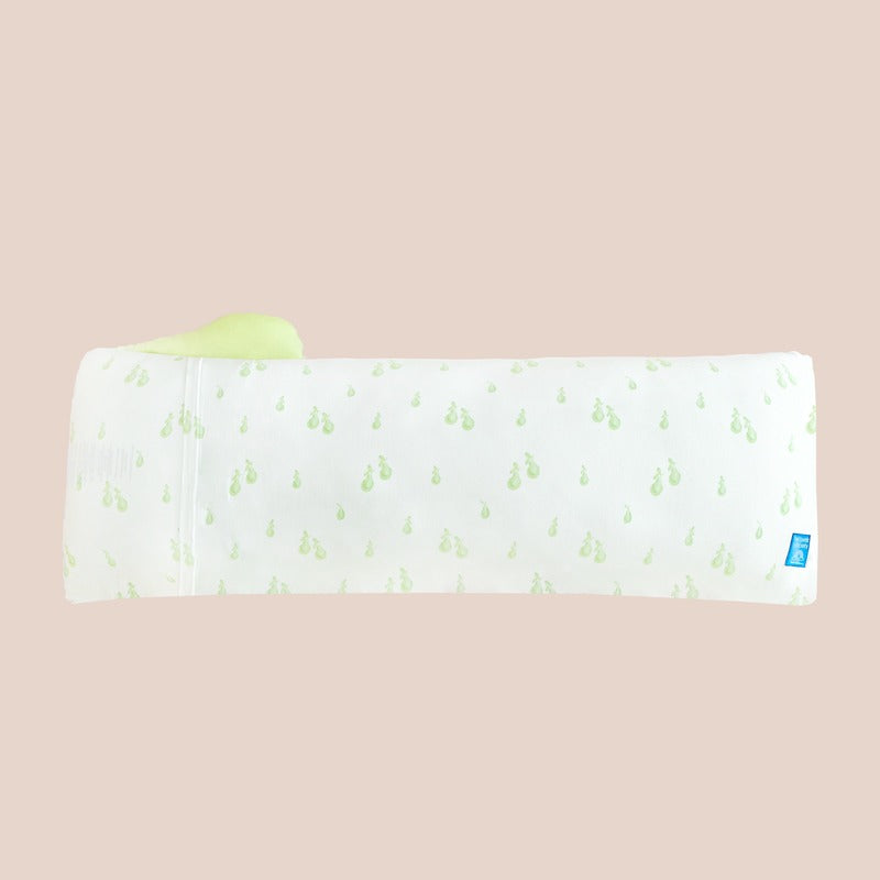 The back of a kids' bamboo pillow with a pear print in size large by Le Petit Society.