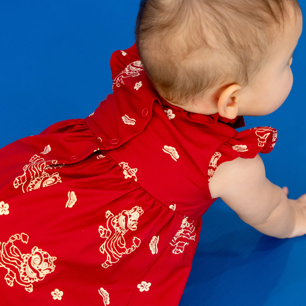 Lion Dance Series - Baby Girl Cheongsam in Red Lion Print by Le Petit Society — image 2