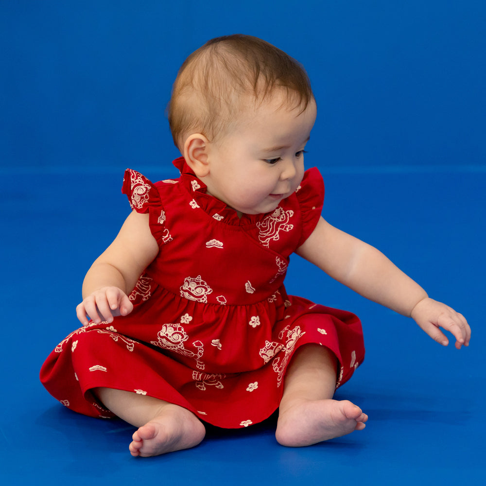 Lion Dance Series - Baby Girl Cheongsam in Red Lion Print by Le Petit Society — image 3