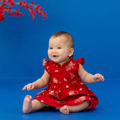 Lion Dance Series - Baby Girl Cheongsam in Red Lion Print by Le Petit Society
