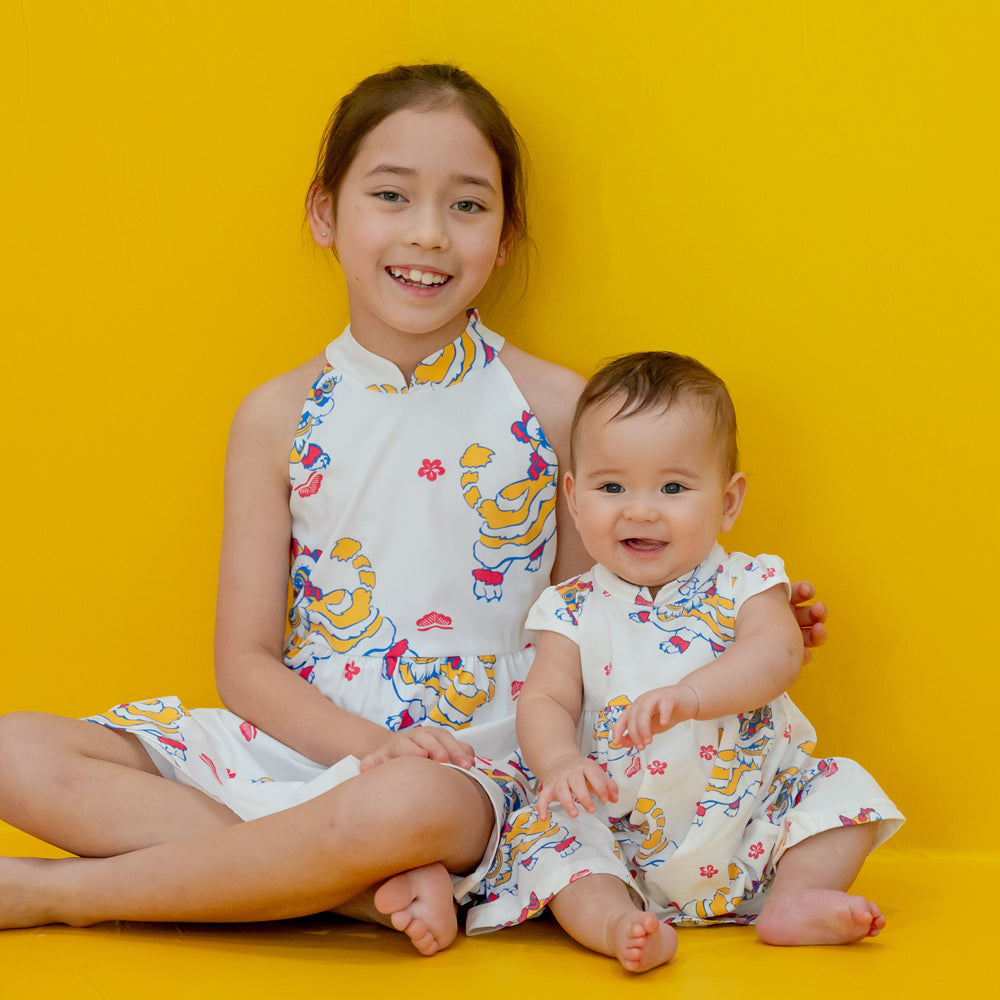 Lion Dance Series - Baby Girl Cheongsam in White Lion Print by Le Petit Society — image 2
