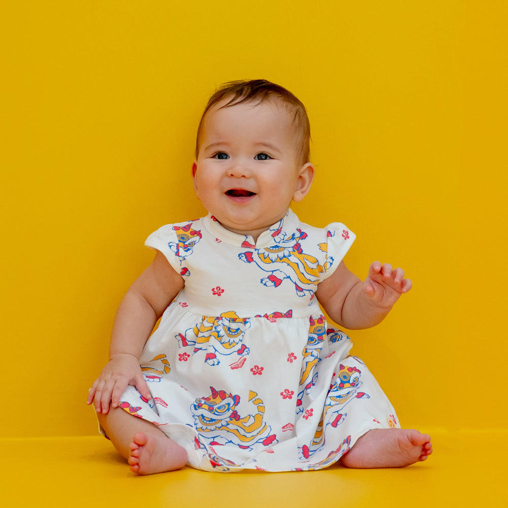 Lion Dance Series - Baby Girl Cheongsam in White Lion Print by Le Petit Society