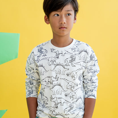 Made for Play - Long Sleeves Tee in Dino Sketch Print in White by Le Petit Society — image 3