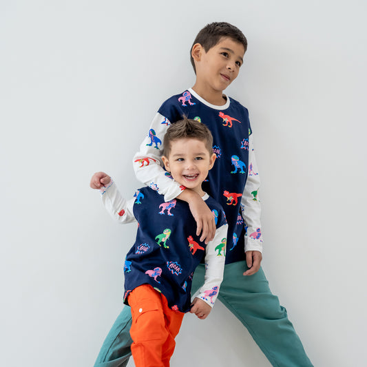 Made for Play - Long Sleeves Tee in T-Rex Print in Navy by Le Petit Society