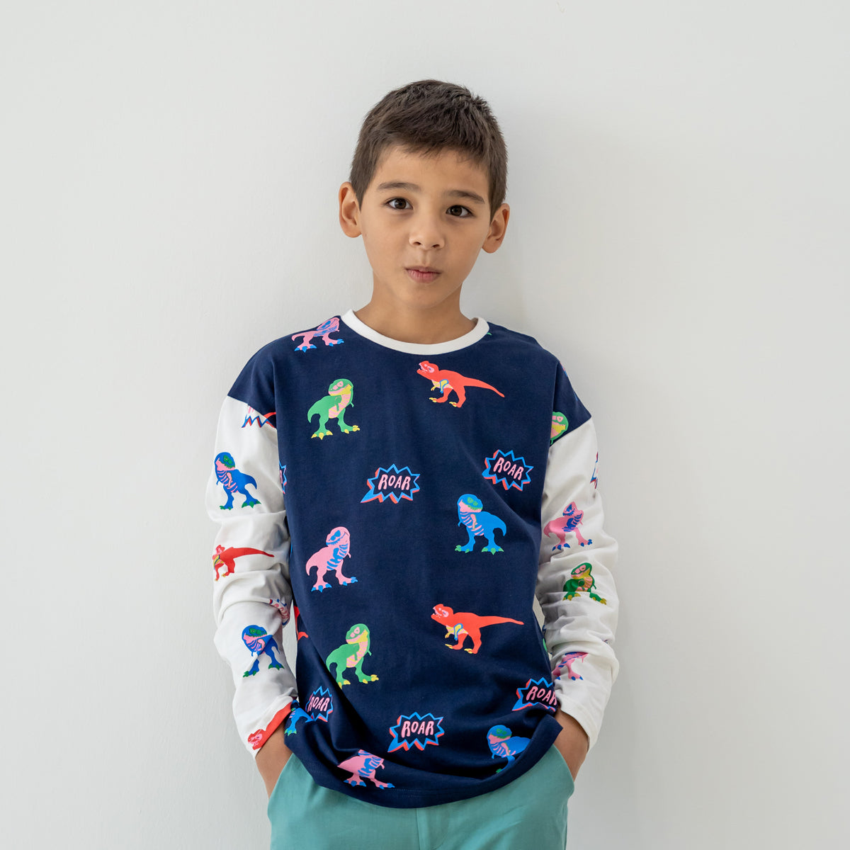 Made for Play - Long Sleeves Tee in T-Rex Print in Navy by Le Petit Society — image 3
